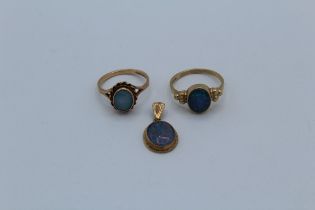 A collection of 9ct gold opal and opal triplet jewellery featuring an opal triplet pendant, an