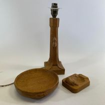 Robert "Mouseman" Thompson carved nut bowl, table lamp base and ashtray. Approximate dimensions: