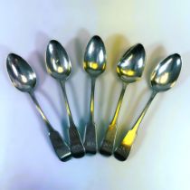 A set of five Regency Scottish sterling silver fiddle pattern spoons.  Initialled DMR. Marked for