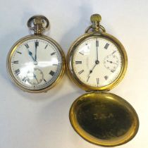 A Gold Plated Full Hunter Pocket Watch by Waltham. Approximately 5.3cm. And a Gold Plated Open Faced