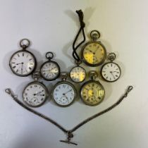 Eight assorted pocket watches and watch chain.