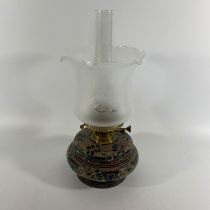 A Doulton Lambeth Victorian oil lamp of squat form, marked EDL for Edith D Lupton (decorated for