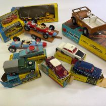Collection of boxed diecast cars, a Triang Mini-Hi-way racing car trailer set, 4 boxed Corgis
