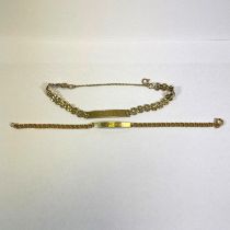 Two engraved 9ct yellow gold identity bracelets. Total weight approximately 10.3 grams. Clasps