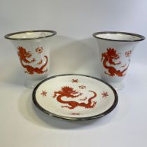 A pair of Meissen Dragon and Pearl vases, 25cm tall and a charger 35cm diameter.  All with white