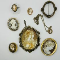 A collection of shell cameo jewellery to include 9ct gold examples.. Featuring a large Victorian