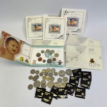 Six United Kingdom Baby gift set coin sets 1997-9 and 2001-3 with some loose coins.