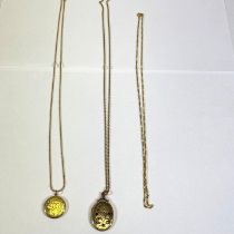 Three 9ct yellow gold chains, a 9ct circular locket and a gold plated oval locket. Total weight