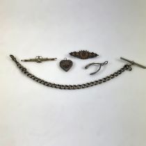 A silver watch chain - approximately 21cm long, two pendants and a 15ct yellow gold pendant -