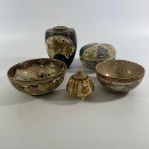 Five pieces of Satsuma ware, four signed. Vase approximately 15cm tall (missing top). Lidded pot