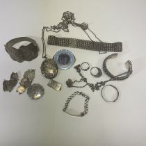 A collection of antique and vintage silver and white metal jewellery. Comprising an ornate