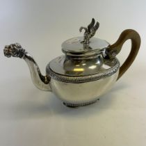 Empire Style French Continental white metal teapot with Lions Head spout and Phoenix Finial.  Length