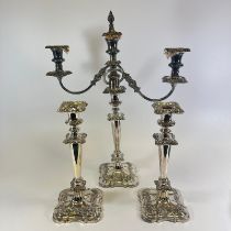 A good quality plated candelabra set with 2 single 32cm (approx) candlesticks and a single twin