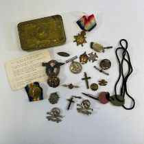 A WWI trio of medals to 2847 Pte C.S. SELLS 17th Lancers, a Princess Mary tin, badges and other
