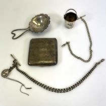 A silver cigarette case with a silver sifter, a silver bucket, a silver watch chain and another.