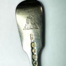 A set of six fiddle pattern side forks, featuring an heraldic engraving of a topless woman.