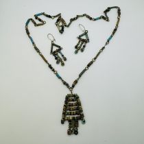 An Egyptian revival necklace and earrings set, featuring ancient faience beads dated to circa 600