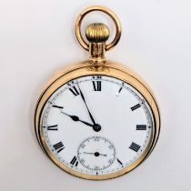 9ct Yellow Gold Cased Open Face Pocket Watch. Approximately 5.5cm width.