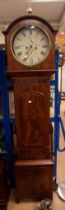A George III mahogany cased long case clock, round painted dial, C Sheddon of Perth, Roman numerals,