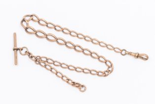 A 9ct rose gold watch chain, each link marked 9 375, width approx 5mm, with T bar and swivel clasp