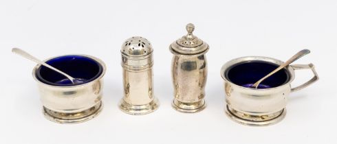 A three piece silver cruet set, London 1934, & an additional silver pepperette. 165 grams