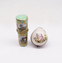 ***WITHDRAWN*** An 18th Century enamel scent bottle holder and cover, tapering cylindrical with gilt