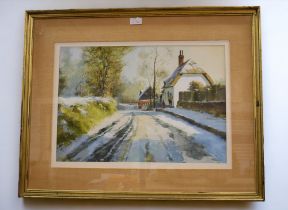 John Haskins (b.1938), pair of oil on board winter views of Huntingdon and Walkern. Framed,