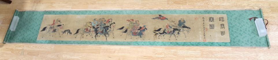 Early 20thC Chinese scroll painting depicting a Mongolian procession of figures and horses