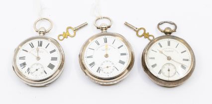 Three late Victorian early 20th century silver cased J G Graves open faced pocket watchs, all key