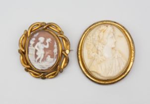 Two 19th century cameo brooches, one depicting a classical male bust, within a rope like gilt