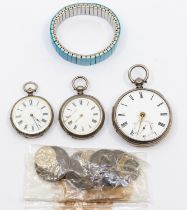 A collection of three silver cased pocket watch along with coins and a bracelet all pocket watches