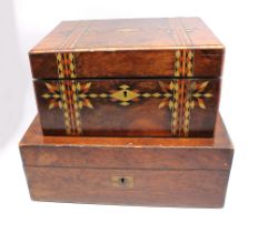 A 19th century walnut veneer writing box, having inlaid marquetry mixed wood and brass inlaid