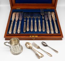 An early 20th Century A1 plated fish knives and forks in mahogany box along with pewter