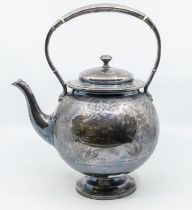 A late 19th/early 20th century spirit kettle, having Aesthetic style engraved floral and foliage