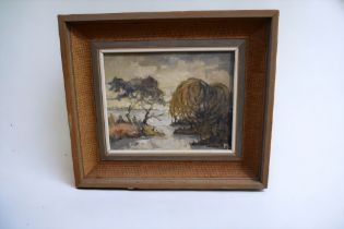 A mid 20th Century abstract of a river scene, framed, monagram bottom right, oil on board. 19cm x