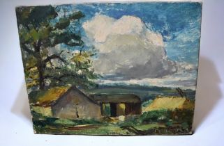 Alfred Thornton (1863-1939) "Barns" oil on canvas, unframed, approx. 45.7cm x 35.5cm, signed lower