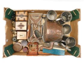 Collector's lot to include: pewter mugs, hip flask, large copper kettle, carved Indian sliding