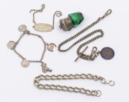 A silver albert chain, silver heavy link bracelet, two further silver bracelets and a vinaigrette.