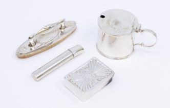 A small collection of silver items to include; a George V silver drum mustard pot, c scroll