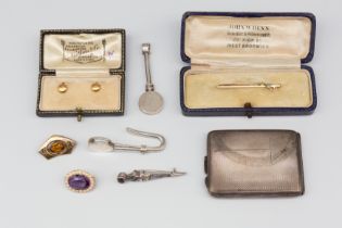 A cased 9ct gold and opal set bar brooch with later base pin, along with an amethyst and seed