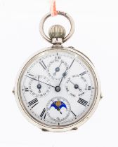 A 1920's silver cased open faced triple calendar pocket watch, comprisng a white dial, Roman numeral