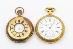 Two gold plated pocket watches including a half hunter and an open faced version, both with