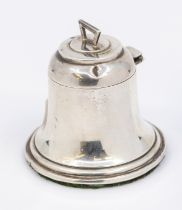 An early 20th century silver bell shaped small inkwell, having hinged top, angular handle and fabric