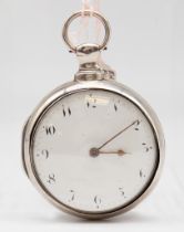A 19th century silver pair cased pocket watch, comprising a white enamel dial with Arabic