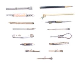 A collection of various 19th Century pencil holders, gilt brass, white metal, mother-of-pearl and