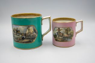 A 19th Century Staffordshire large mug, turquoise ground and transfer printed with two country