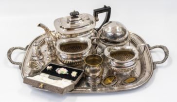 A collection of mixed silver plated wares to include; Regis plate tea set, gallery tray, butter dish