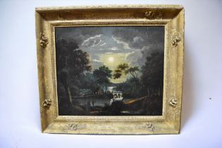 English School (19th Century) Moonlit figures by river, cottage and woodland beyond oil on canvas,