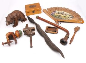 An interesting mix of treen items including a Black Forest bear, yew wood pin cushion clamp & pipes.