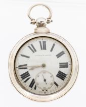 A George III silver pair cased pocket watch, comprising a white enamel dial with Roman numeral